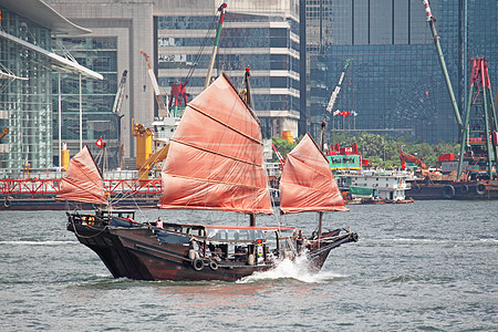 香港海港中国在香港的帆船海洋木头城市晴天中心天际桅杆观光建筑旅游背景