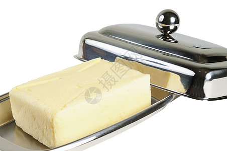 在一个铬金属盒中的黄油产品乳脂金属白色奶制品奶油状食物早餐图片