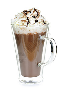 热巧克力杯杯子泡沫鞭打奶油拿铁白色玻璃食物棕色饮料图片