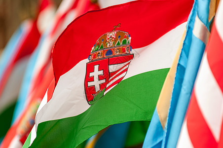 旗帜飘扬很多国家的旗帜联盟横幅国际收藏蓝色红色白色国籍背景