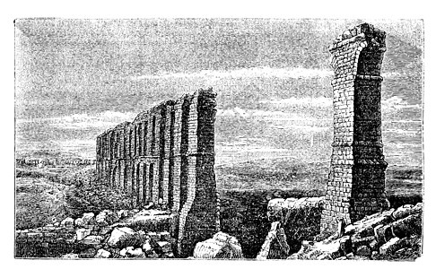 迦太基罗曼排水管毁了旧的雕刻渡槽蚀刻艺术打印建筑学考古学废墟地标柱子艺术品图片