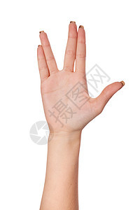 女性棕榈手硫化手势 在白色上隔离手指女士星星拇指成人展示女孩手腕金属数字图片