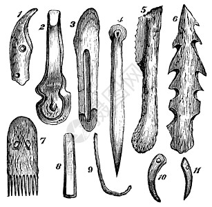 中发现的骨器燧石和木头材料艺术品绘画公猪鱼叉雕刻角落古董工具蚀刻图片