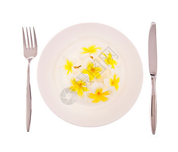 自然概念 白板上带叉子和克耐夫的花朵图片
