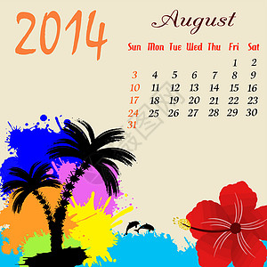 2014年8月日历热带休息问候语绿色海景橙子棕榈绘画插图棕色图片
