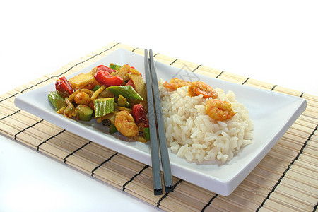 稻米加亚洲虾虾蔬菜香菜筷子美食炒菜大葱炒锅绿色食物香米绿色的高清图片素材