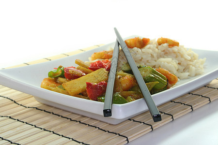 稻米加亚洲虾虾食物炒菜炒面炒锅盘子香米蔬菜美食香菜筷子印度香米高清图片素材