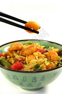 稻米加亚洲虾虾盘子蔬菜食物香菜绿色炒菜大葱香米美食炒锅中国菜高清图片素材