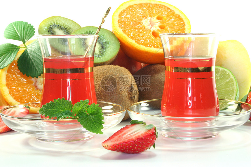 水果茶床单浆果植物汽水奇异果茶杯玻璃柠檬橙子热饮图片
