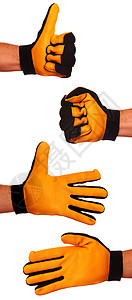 手信号拇指黄色拳头手臂棕榈手套背景图片