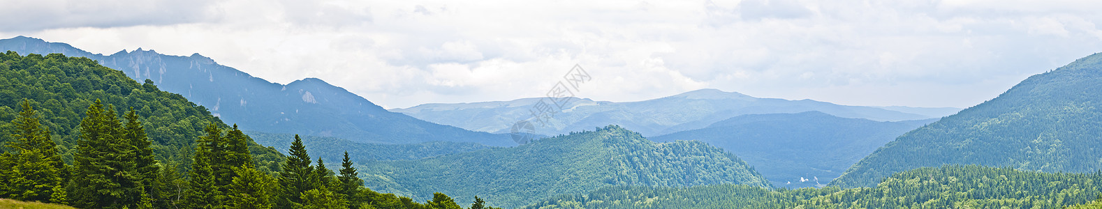 喀尔巴阡山脉的全景背景 美丽的山区和土地场景顶峰荒野木头阳光天空旅行岩石季节场地图片