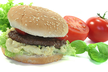 带新鲜蔬菜的汉堡包饮食芝麻零食食物享受碎肉包子洋葱增肥图片