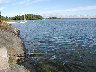 斯德哥尔摩湖湖绿色松树森林晴天天空太阳蓝色绿色植物白色图片