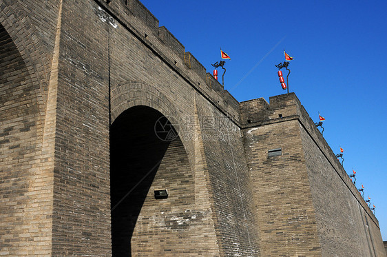 中国西安城墙历史性观光石头地标灯笼历史建筑学文化蓝色图片