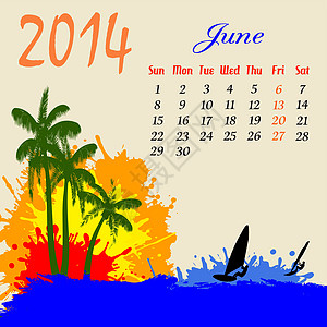 2014年6月日历太阳海滩橙子冲浪休息问候语插图海浪冲浪者绘画图片