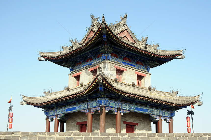中国西安古城墙城堡城市文化历史灯笼历史性蓝色天空观光地标图片