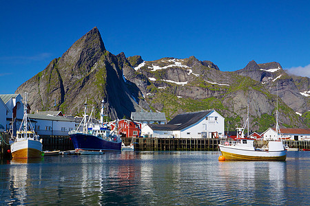 挪威渔业港挪威蓝色山峰峡湾海洋晴天海岸线钓鱼码头海岸全景图片