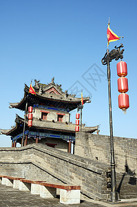 中国西安古城墙蓝色旅游观光天空旅行灯笼历史性建筑学建筑文化图片