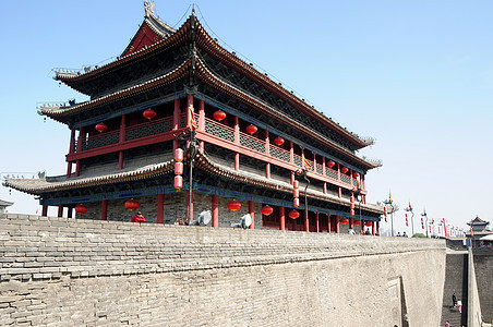 中国西安古城墙文化中心天空城堡旅游历史性城市观光灯笼蓝色图片