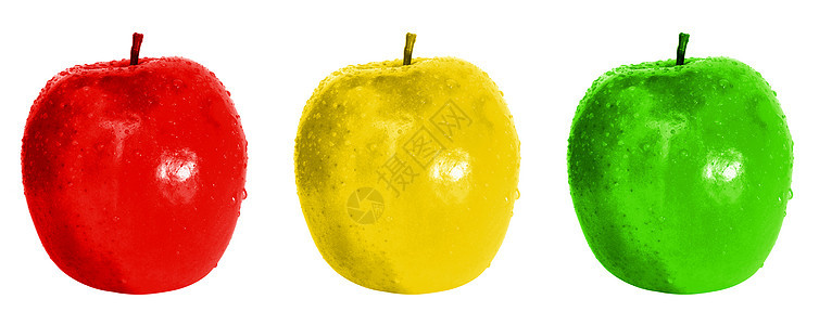 三个彩色苹果白色水果绿色红色味道饮食食物黄色图片