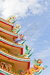 中国神社 美丽的中国神庙 和龙雕像寺庙旅游狮子信仰动物旅行风水蓝色金子纪念碑图片