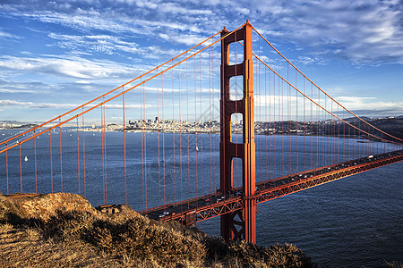 金门大桥的著名景象纪念碑历史性红色旅行吸引力运输爬坡堡垒阳光金属图片