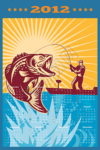 龙年有鱼海报2012年 大茅斯巴斯 的海报日历大口低音插图渔夫背景