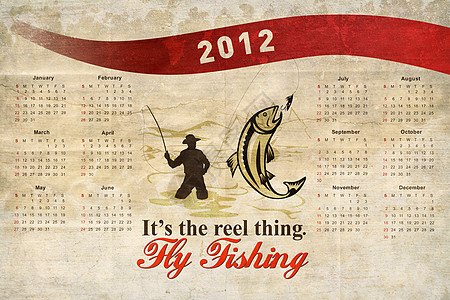 2012年 浮游渔船历法鳟鱼海报低音插图渔夫日历图片