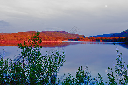 夜光照耀平静的双湖育空加拿大图片