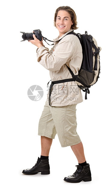 摄影以某种方式帽子摄影师背包男人假期运动装冒险成人男性勘探图片