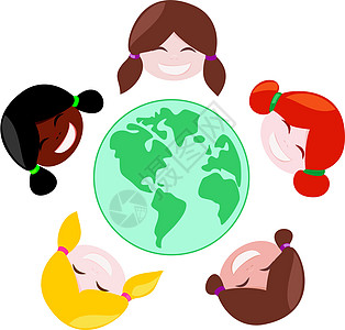 集体旅行全世界矢量多文化女孩群体(全球)插画