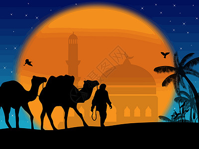 撒哈拉配有贝都因和清真寺的骆驼图片