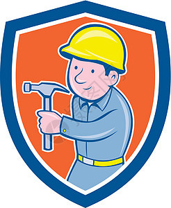 木匠造铁锤盾牌男性卡通片男人艺术品工人建造插图锤子安全帽零售商图片