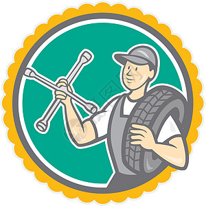 配有铁轮胎的机械师插图卡通片工人套筒男人十字男性肩膀修理工零售商图片