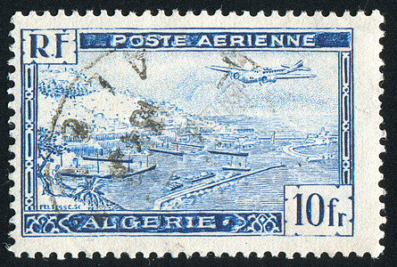 阿尔及尔港翅膀邮资飞机邮件棕榈树干海豹爬坡邮戳海岸背景