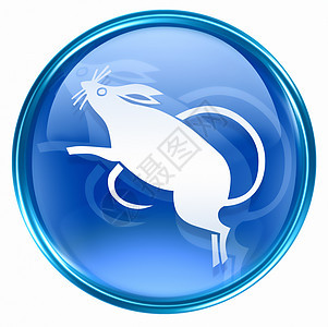 Rat Zodiac 图标蓝色 孤立在白色背景上日历玻璃按钮反射星座书法十二生肖宇宙生日插图图片