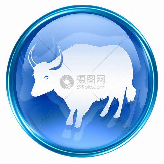 Ox Zodiac 图标蓝色 孤立在白色背景上日历汉子星座八字生日十二生肖绘画按钮反射玻璃图片