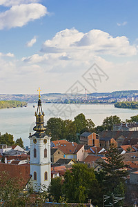 山上看城市多瑙河加多斯山上的贝尔格莱德泽蒙视线背景