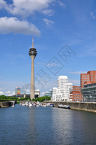 德国杜塞尔多夫建筑物船舶街道蓝天风景摩托艇港口旅游摩天大楼天空图片