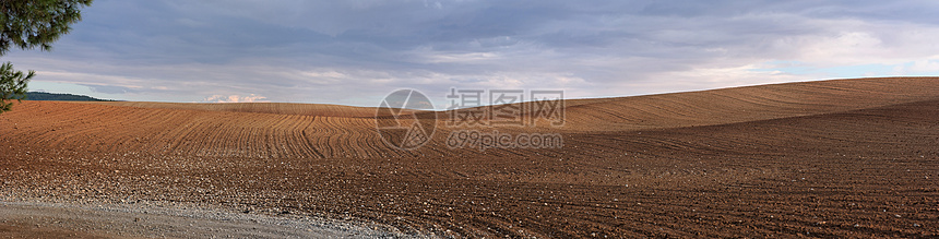 在雨前的天天多云中的橙色犁田全景图片