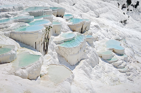 土耳其Pamukkale的蓝水穿河游泳池火鸡旅行订金岩石旅游假期青色碳酸盐地标游客图片