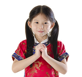 中国新年快乐祝福冒充女孩裙子青年运气女性旗袍文化微笑图片