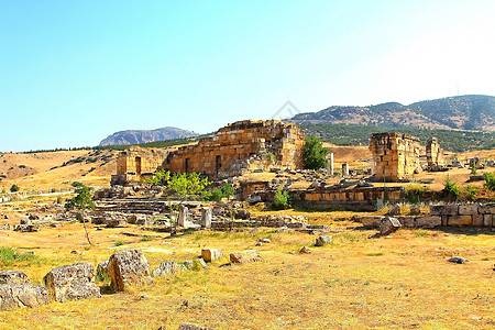 土耳其Pamukkale古老城市希拉波利斯的废墟地质学石灰石日落编队矿物碳酸盐美丽生态游客订金图片