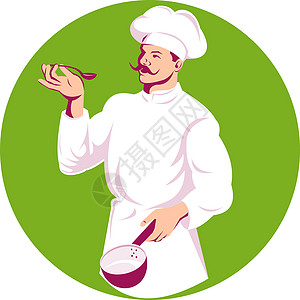 厨师烤面包机 端有酱汁锅和勺子插图男性面包师平底锅帽子胡子男人工人图片