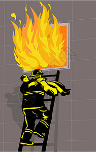 消防消防员救救烧着建筑的男孩窗户插图梯子救援燃烧工人男生职业男性火焰图片