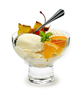 带水果的冰霜盘子玻璃口味勺子用具奶油橙子糖果银器菜肴图片