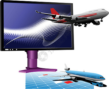 蓝点背景 带乘客使用平式计算机监视器桌面飞机投影薄膜电子产品电气液晶控制板技术电视图片