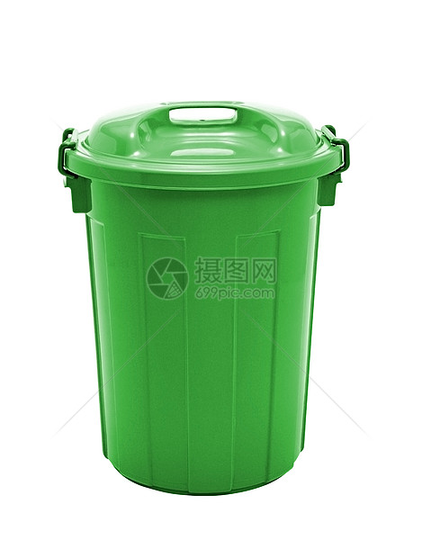 一个绿色塑料垃圾箱 在白色背景上被隔离图片
