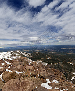 顶端的派克峰视图山峰高度树木鸟瞰图岩石天空地平线风景图片