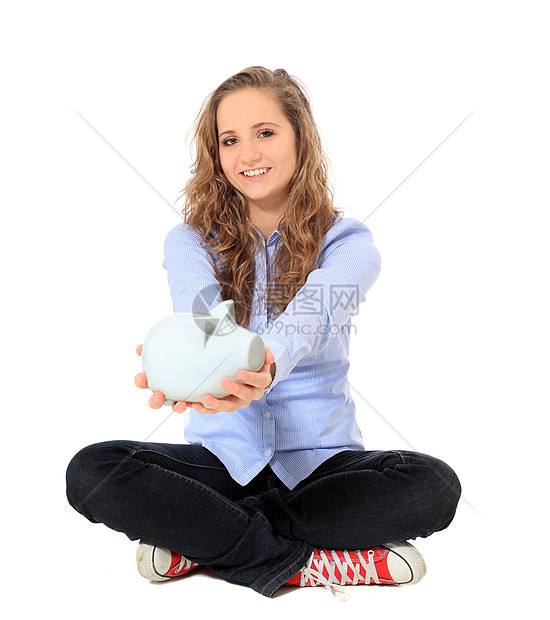 养猪银行金融女孩青少年津贴存钱预算坐姿女士微笑储蓄图片